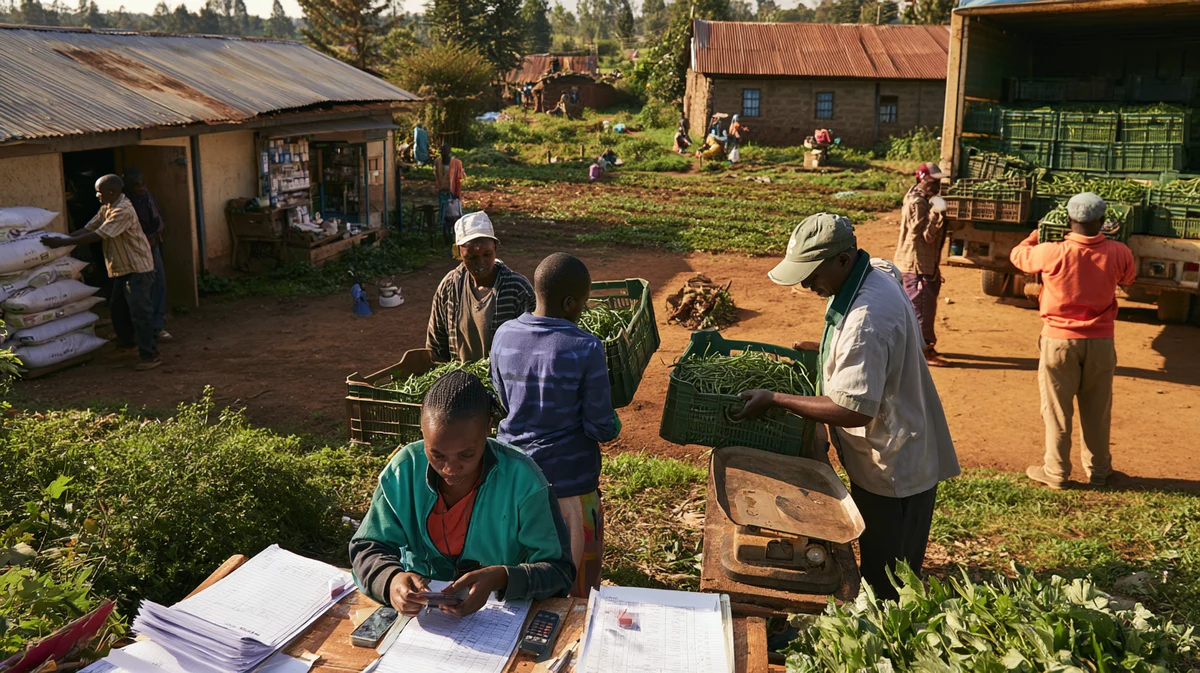 Illustration of agricultural collection, record keeping and loading produce in Kenya