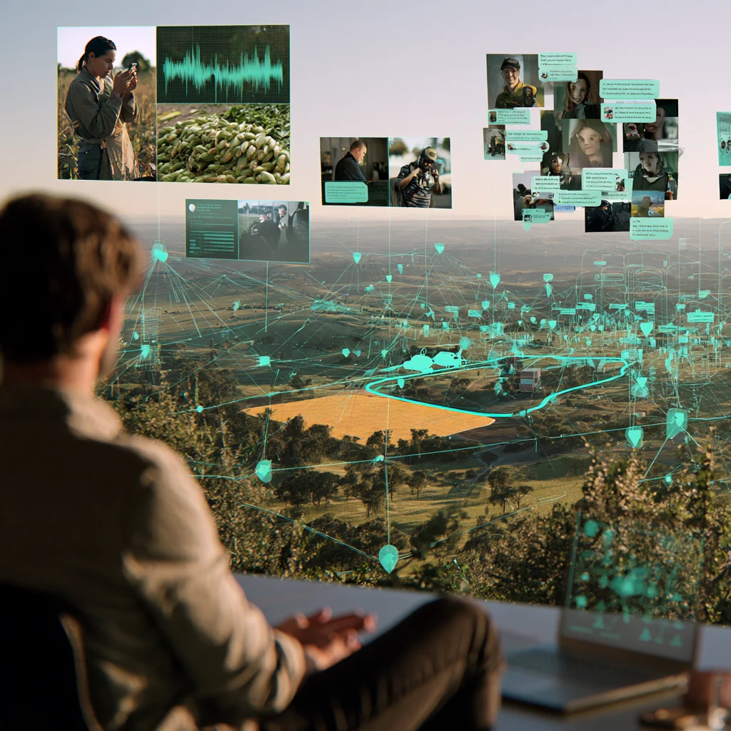 Illustration of a coordinator reviewing field information and supply-chain connections