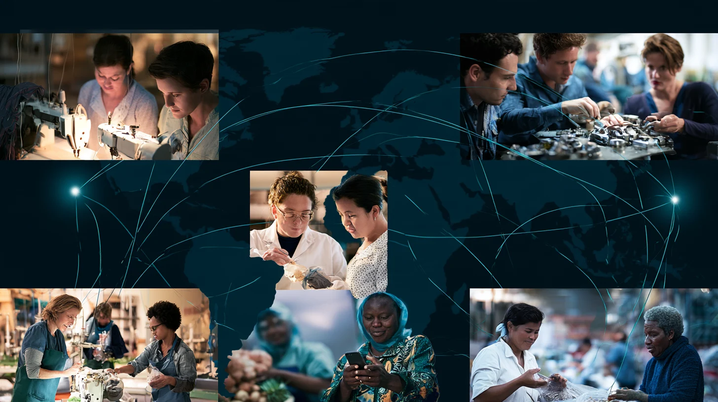 Illustration of people working across industries linked by global trade connections